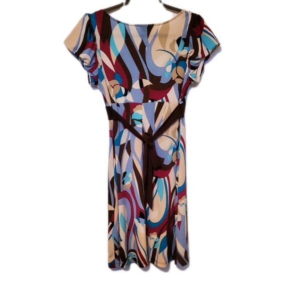 VINTAGE Y2K XOXO Collection Brown Teal 70s Pattern Baby Doll Tie Back Midi Dress - Picture 6 of 6